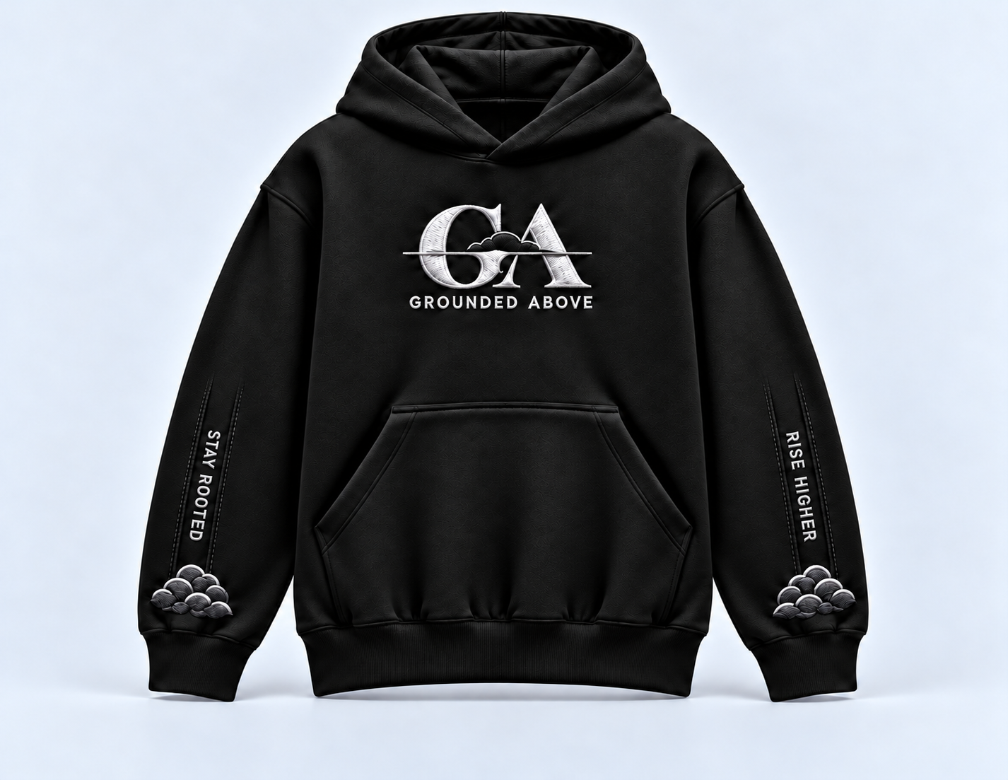 Black Grounded Above hoodie with embroidered sleeve lettering and cloud details